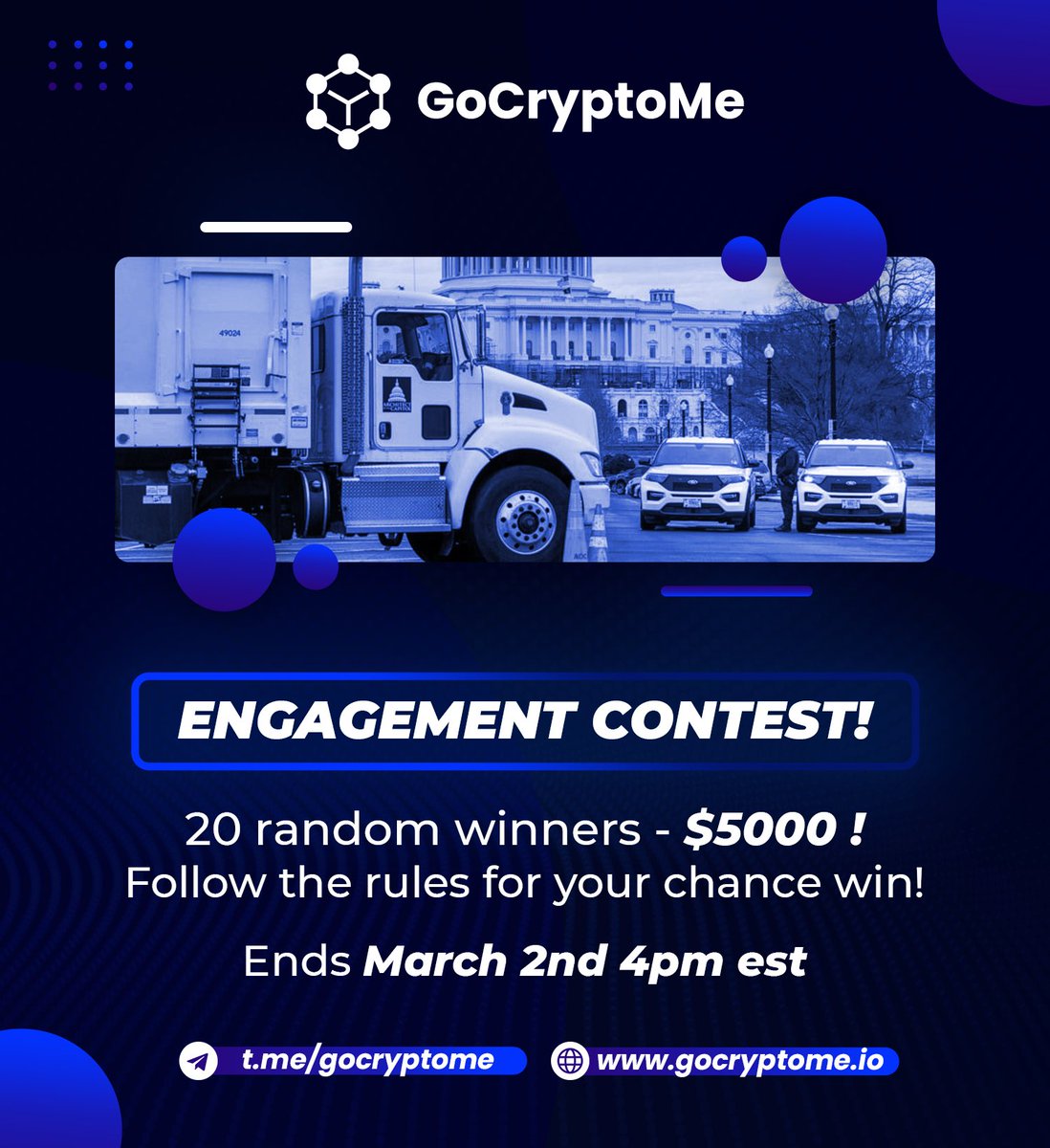 GoCryptoMeApp's tweet photo. The #truckers issue has unpredictably disrupted the donation system, #GCME is a decentralized donation solution by utilizing #blockchain technology.

RT with #BNB  #BSC #GoCryptoMe and tag 3 users in order to participate in a $5000 giveaway to 20 winners 

Ends March 2nd 4pm est https://t.co/7FlhJVS5QY
