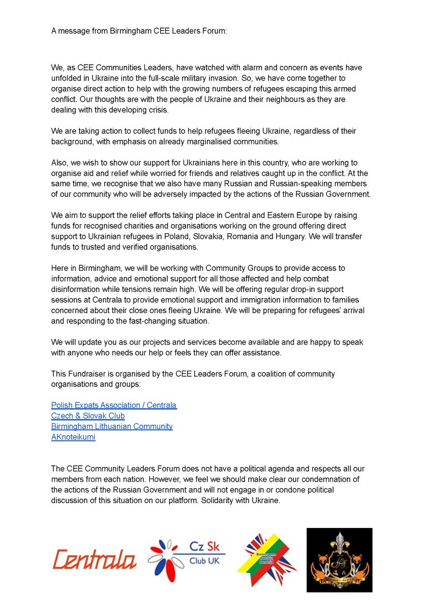 Centrala_CEEus's tweet photo. Together with other CEE community leaders from Birmingham we have issued a statement on situation in Ukraine and our next steps, which include fundrising, supporting refugees in Eastern European and Ukrainian communities in the West Midlands. https://t.co/AiS5eXKNOa