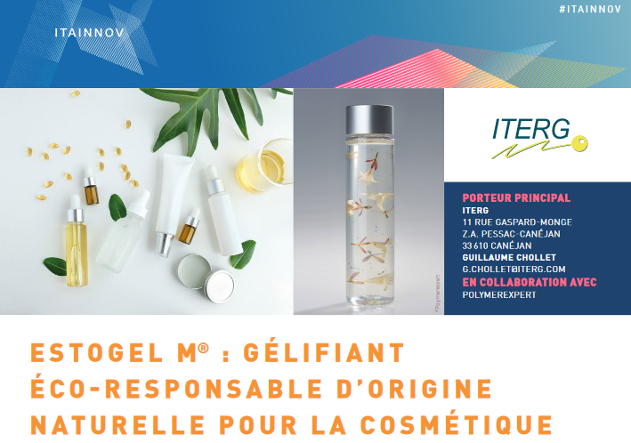 ACTA_asso's tweet photo. Venez découvrir les propriétés &amp; avantage d'Estogel M®, un gélifiant éco-responsable naturelle pour la cosmétique développé par @ITERG en partenariat avec la société #PolymerExpert.
▶️Des polymères gélifiants d’huile biosourcés pour substituer les macromolécules d’origine fossile https://t.co/Fgq6cDKO7T