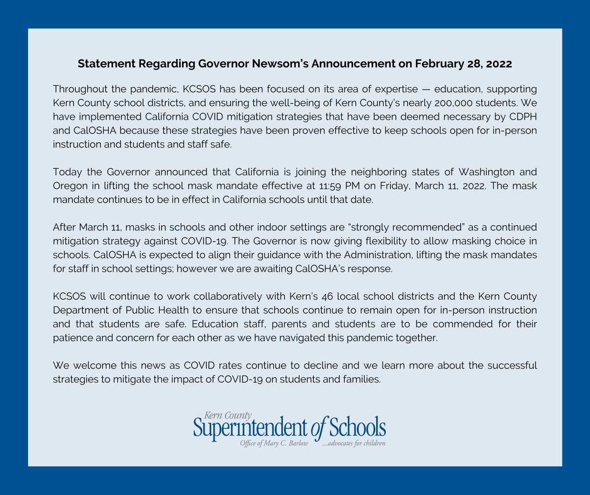 Statement Regarding Governor Newsom’s Announcement on February 28, 2022