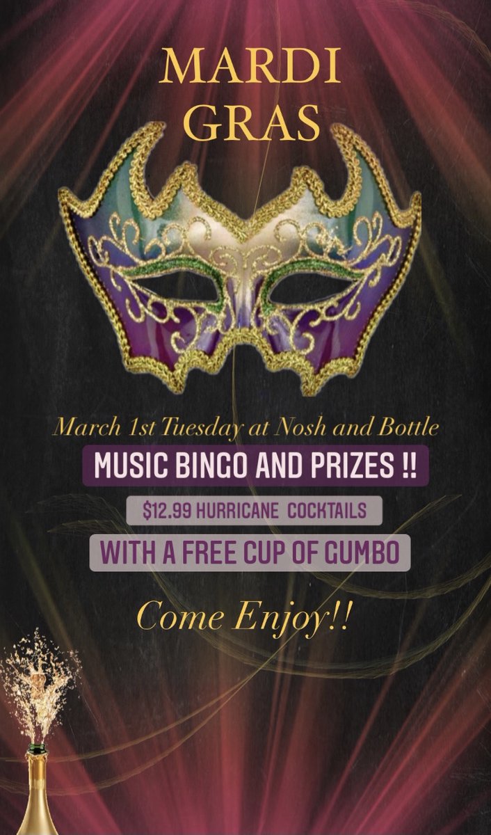 NoshBottle's tweet photo. Celebrate 🎊Mardi Gras/ Fat Tuesday🎊 here at Nosh and Bottle! 

Take part in our TUESDAY NIGHT🎵 MUSIC BINGO! Treat yourself to our specialty cocktail of the night, a hurricane🍹, and get a free cup of Gumbo! 

This TUESDAY. https://t.co/bO2YWmET9k