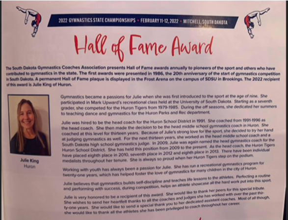 DHalbkat's tweet image. We also want to congratulate Huron's Gymnastics Coach Julie King on recently receiving the 2022 Gymnastics Hall of Fame Award!