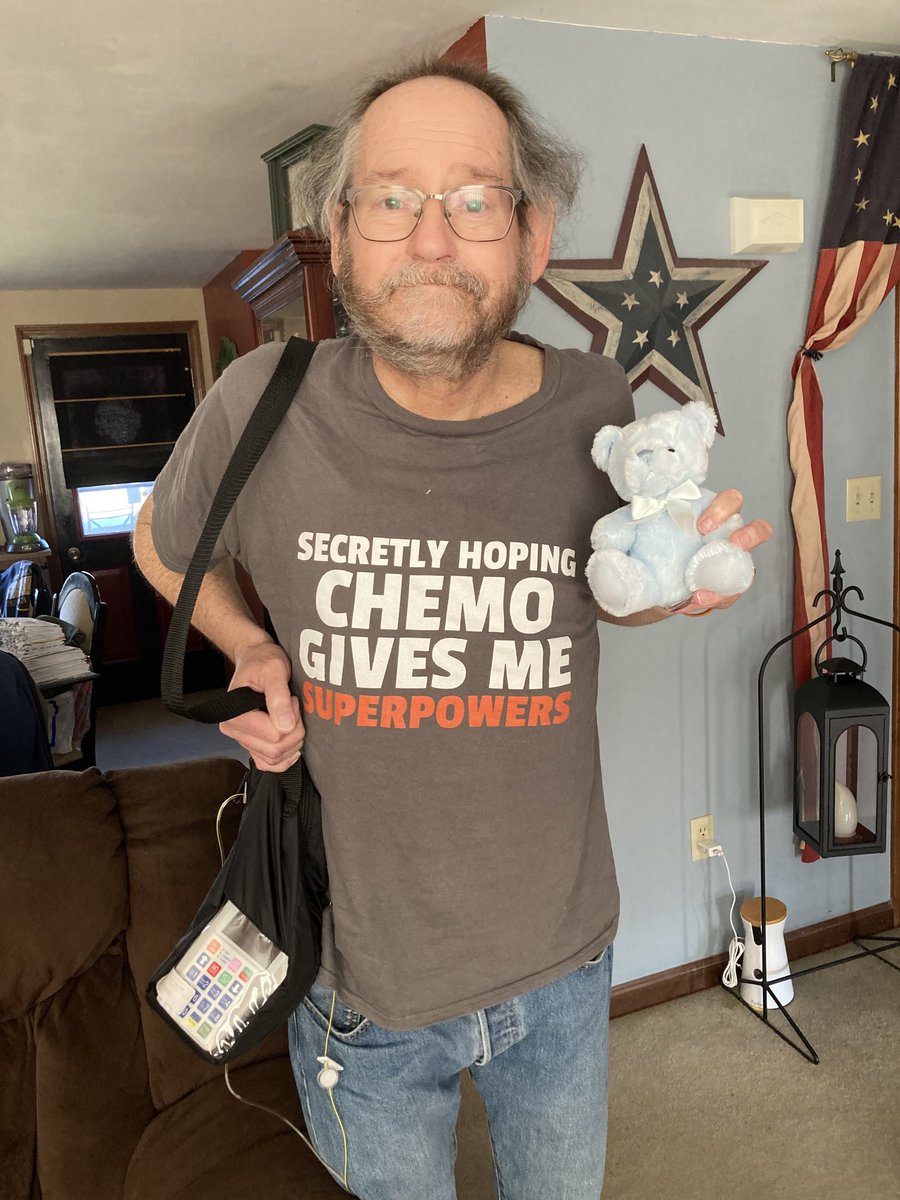 Got my “graduation bear” and my pump delivering Chemo No.12 of 12.
Looking at one finish line. Scans await.