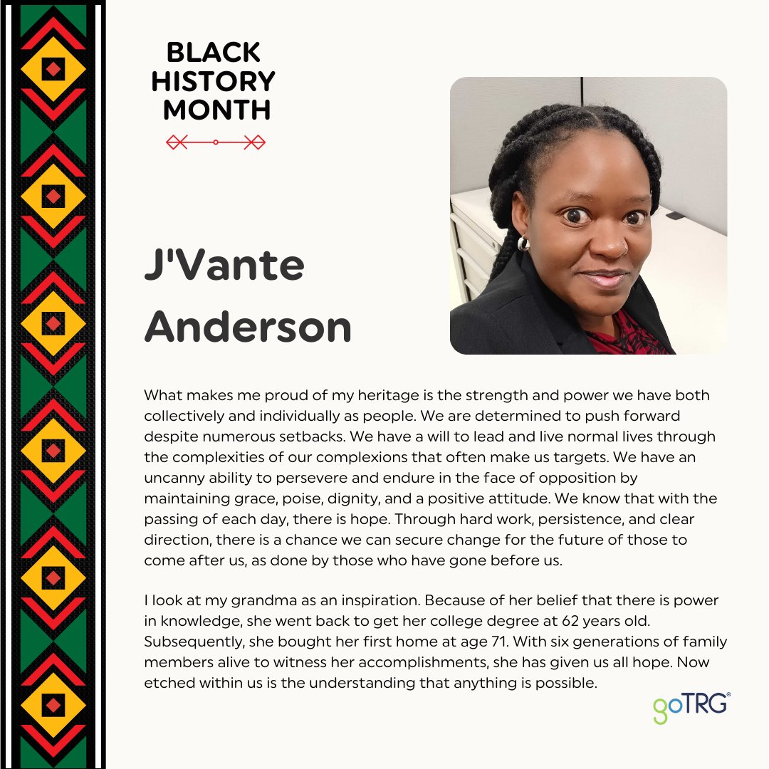 letsgotrg's tweet image. #BlackHistoryMonth may be coming to a close, but the impact, wisdom, and legacy of black leaders, families, friends, and teammates continue to inspire all of us.
Earlier this month, we asked our #goTRG teammates to share what makes them proud of their black heritage and culture.