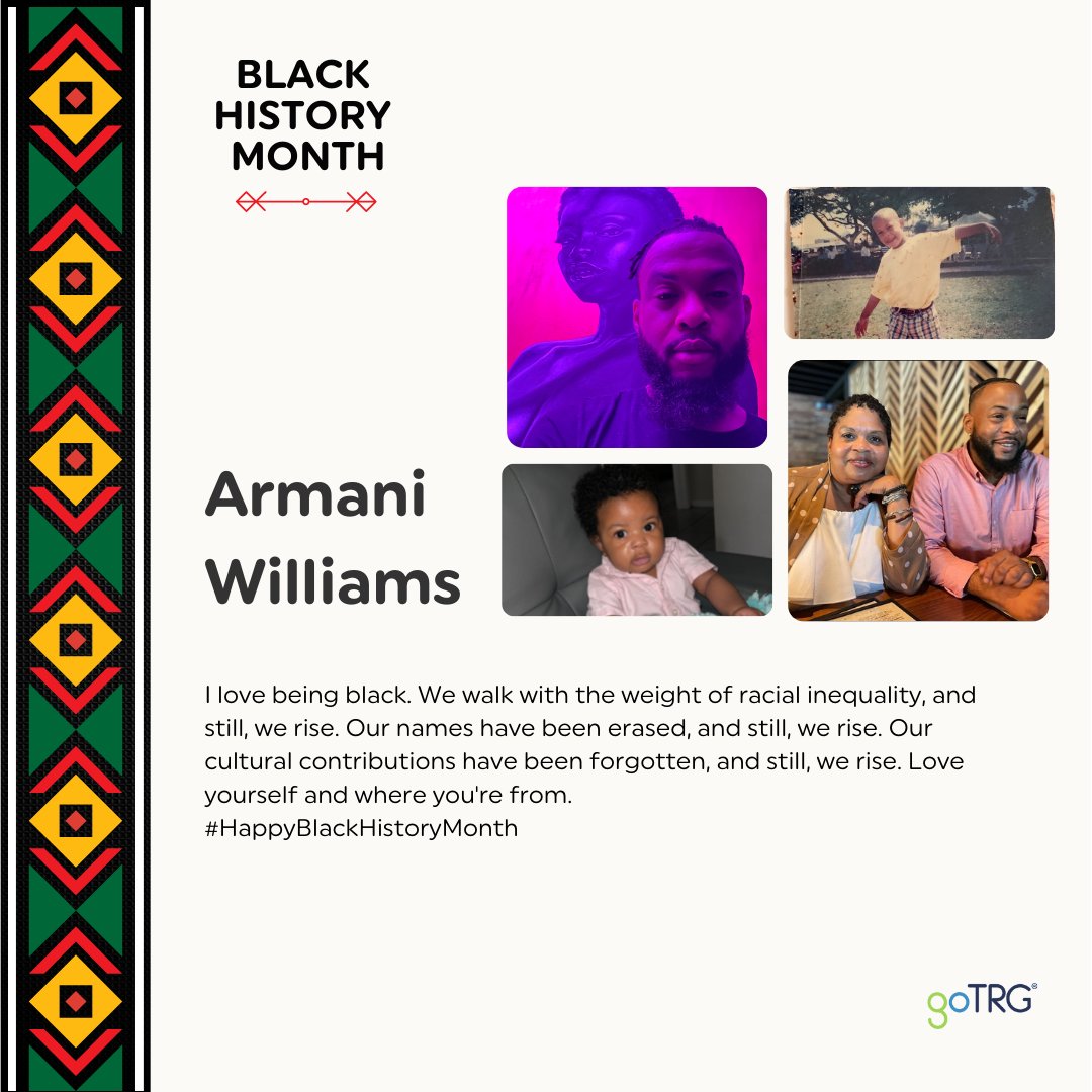 letsgotrg's tweet image. #BlackHistoryMonth may be coming to a close, but the impact, wisdom, and legacy of black leaders, families, friends, and teammates continue to inspire all of us.
Earlier this month, we asked our #goTRG teammates to share what makes them proud of their black heritage and culture.