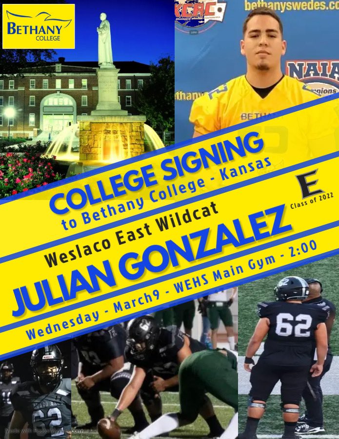 Senior Offensive-Lineman, Julian Gonzalez, will be signing his Letter of Intent to Bethany College on Wednesday, March 9th at 2PM.