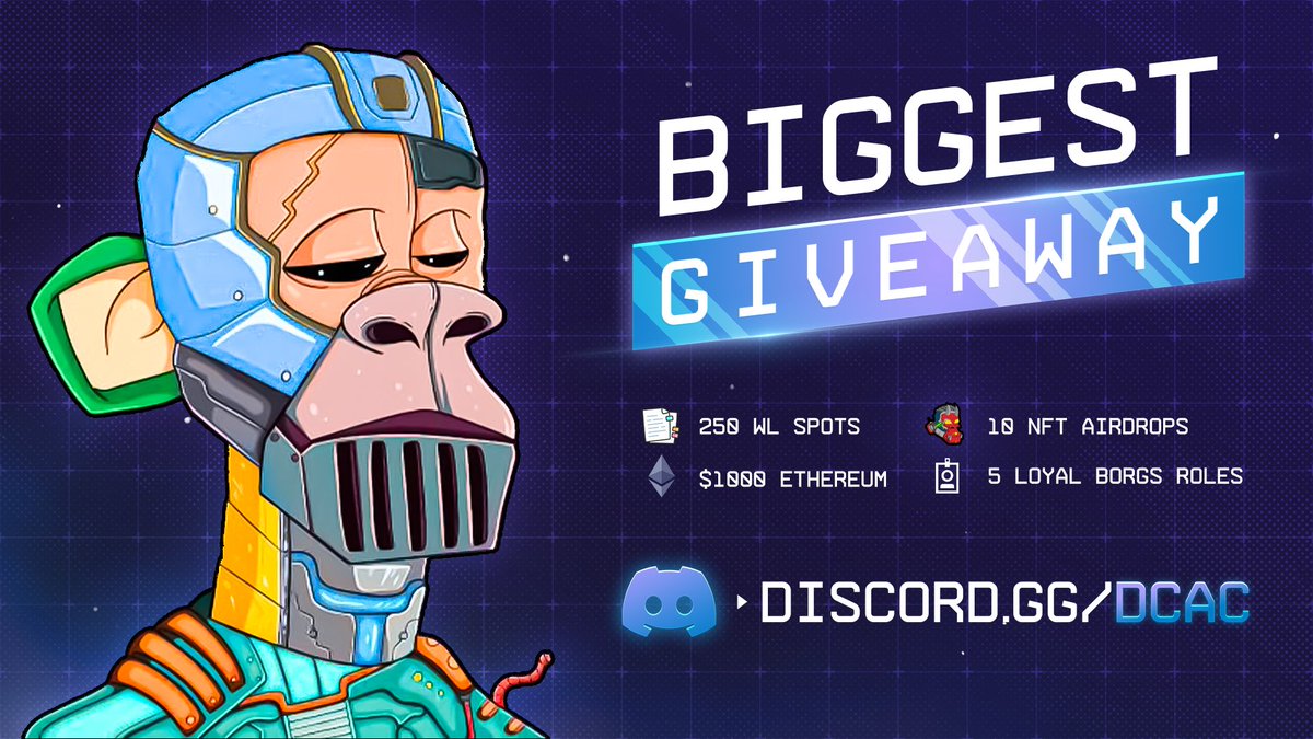 DeadCyborgAC's tweet photo. We are launching our biggest giveaway ever in our Discord!

REWARDS VIA RAFFLE
📑 250 WL SPOTS
💸 $1000 ETH
🐵 10 NFT AIRDROPS
🏅 5 LOYAL BORGS ROLES
📈 AND MORE

Join https://t.co/4pIawknz3Z and read our new info channel to get into the event!! 🔥🚀 

Follow, RT &amp; Tag 3 FRIENDS! https://t.co/ASlasU1vkX
