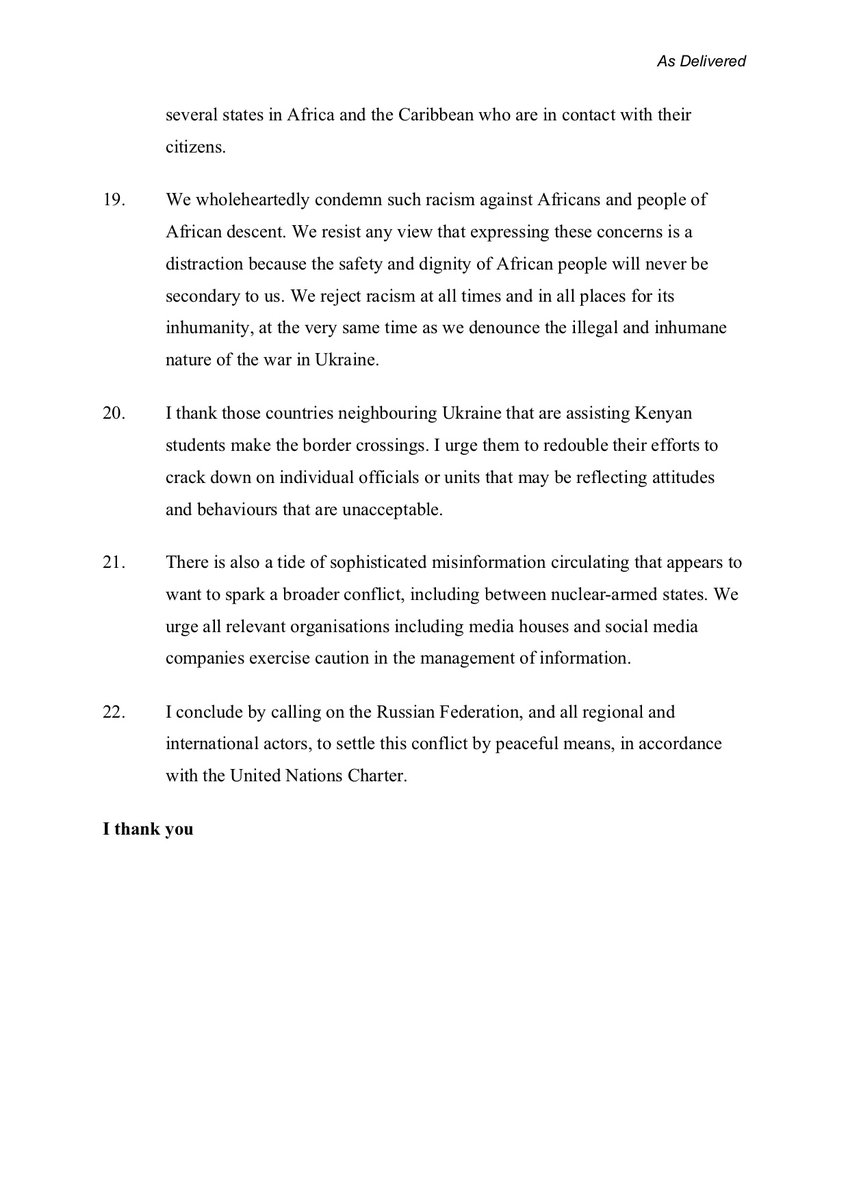 At the #GeneralAssembly Emergency Session on Ukraine, Kenya insists that solidarity should include standing with Ukrainians &amp; rejecting racism against Africans fleeing #Ukraine. We also thanked the states doing the right thing at their borders. See the rest of the statement below