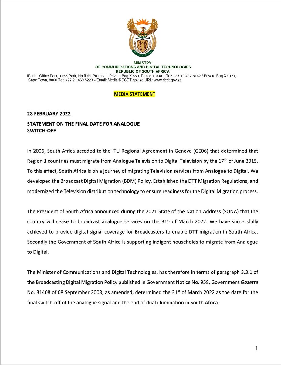CommsZA's tweet photo. STATEMENT ON THE FINAL DATE FOR ANALOGUE SWITCH-OFF https://t.co/ML9hTU7cNp