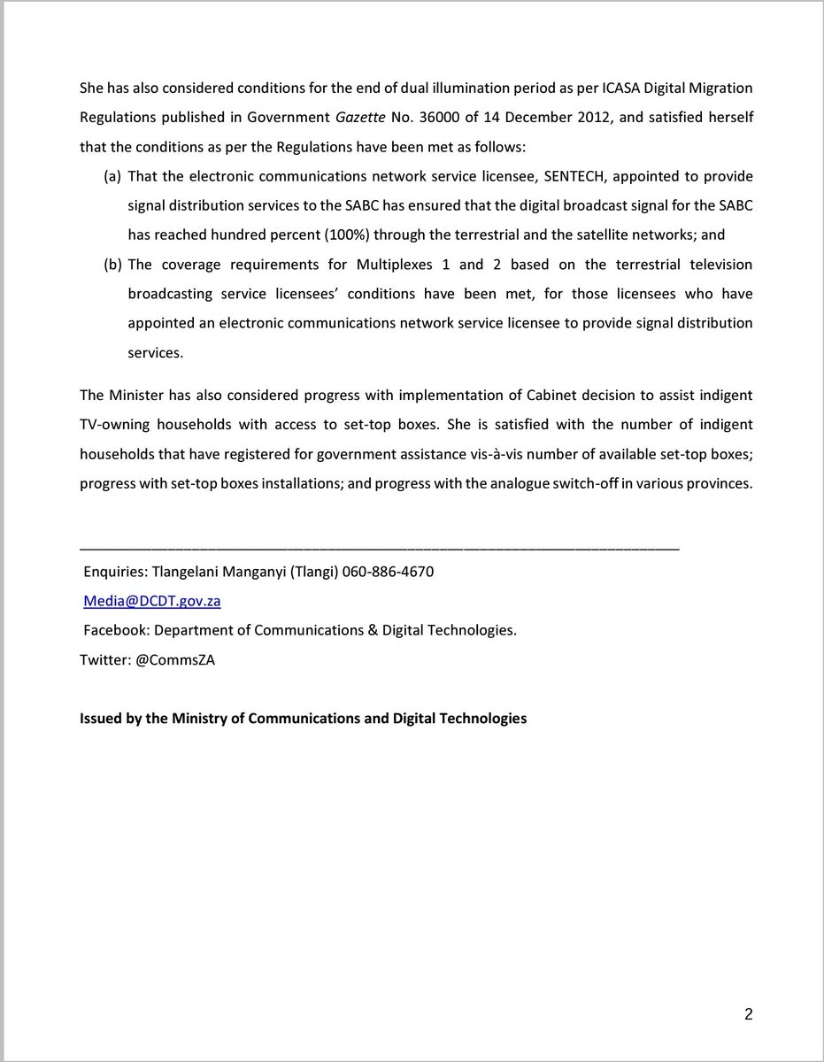 STATEMENT ON THE FINAL DATE FOR ANALOGUE SWITCH-OFF