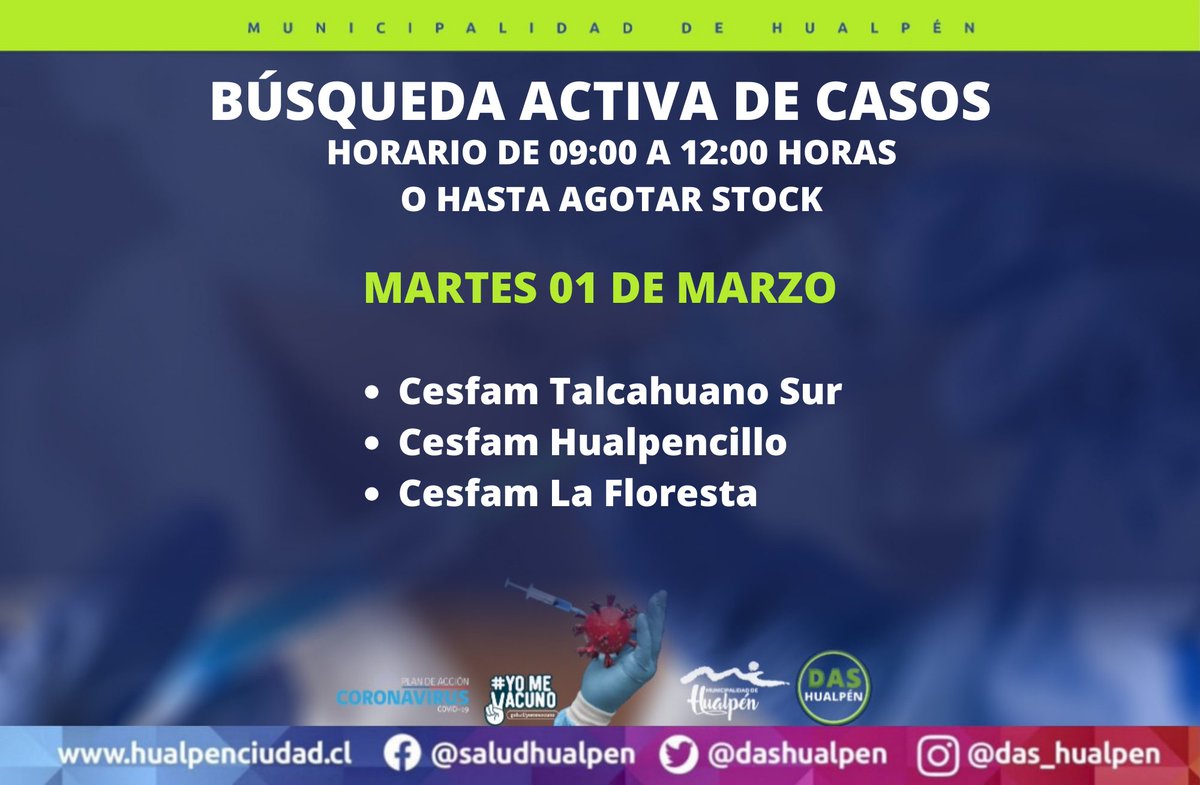 dashualpen's tweet photo. 🟢 #BAC | Los lugares y horario en que se realizará Búsqueda Activa de Casos #covid en #Hualpén este martes. https://t.co/uOebNhg70T