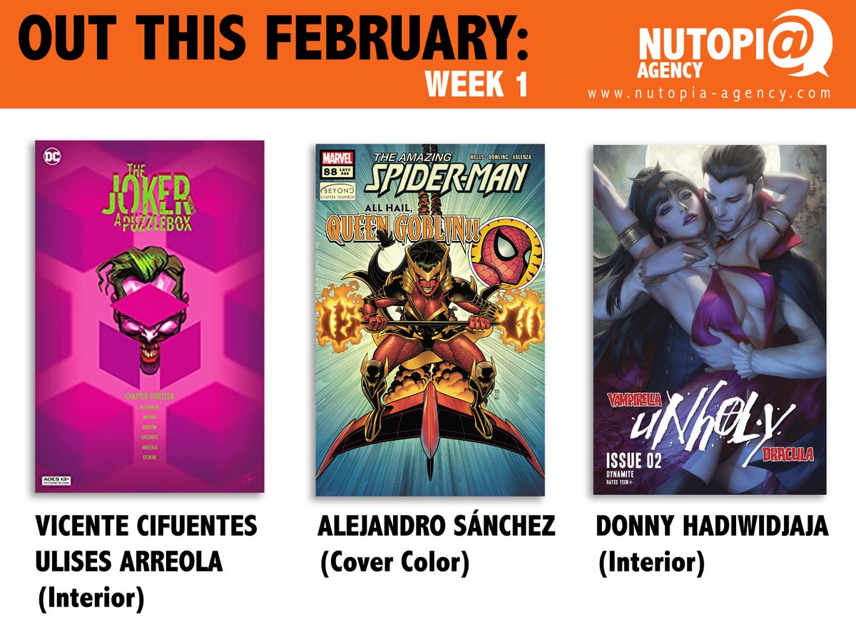nutopiaagency's tweet photo. OUT THIS FEBRUARY!!! (1) This month has brought us a lot of comics made by our amazing artists. #spiderman #teentitans #superman #batman #Joker #nightwing #actioncomics #vampirella #Spawn #kingspawn #aquamen #greenarrow #rai #dccomics #marvelcomics #imagecomics #valiantcomics https://t.co/LaO380HoGM