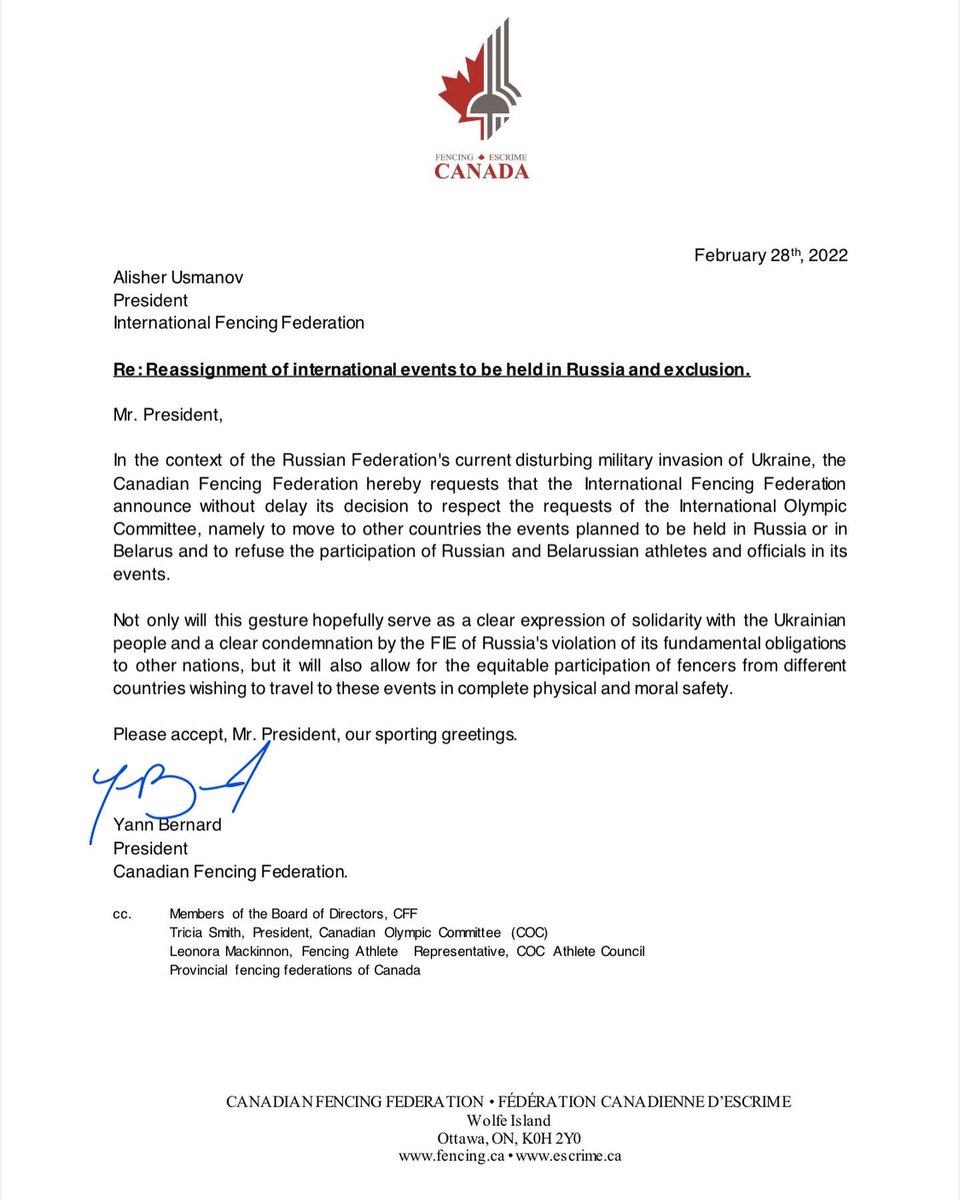 FencingCanada's tweet photo. Letter from the CFF to the FIE. 
Lettre de la FCE à la FIE. #WeStandWithUkraine #NoWar https://t.co/Cp4rDY1Cg2
