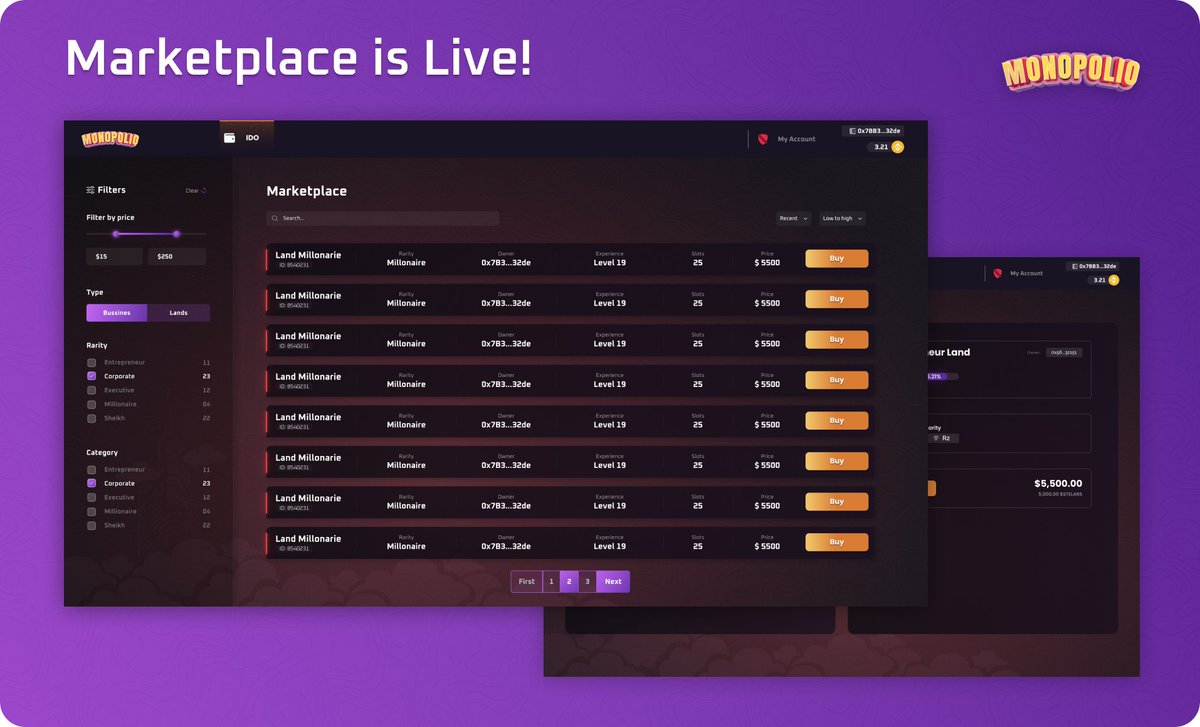 🏪MARKETPLACE Thank you all for waiting! The Marketplace is now live and you can trade your lands and businesses at the following link: app.monopolio.io