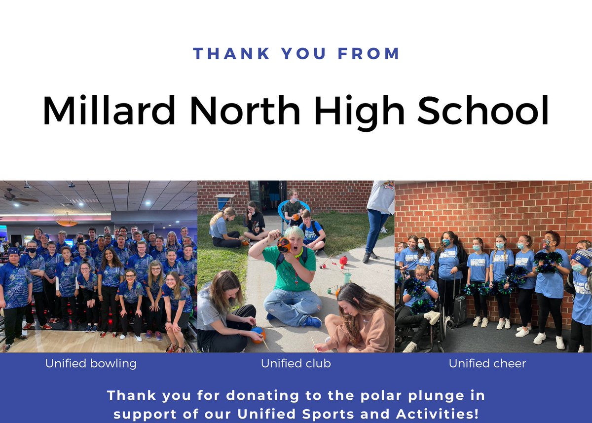 Thank you to everyone who donated to the polar plunge for our Unified programs! We raised a whopping $3,844. This is the most we’ve ever raised! <a href="/MillardNorthHS/">Millard North HS</a> <a href="/MNHSActivities/">MNHS Activities</a> <a href="/MillardPS/">Millard Public Schools</a>
