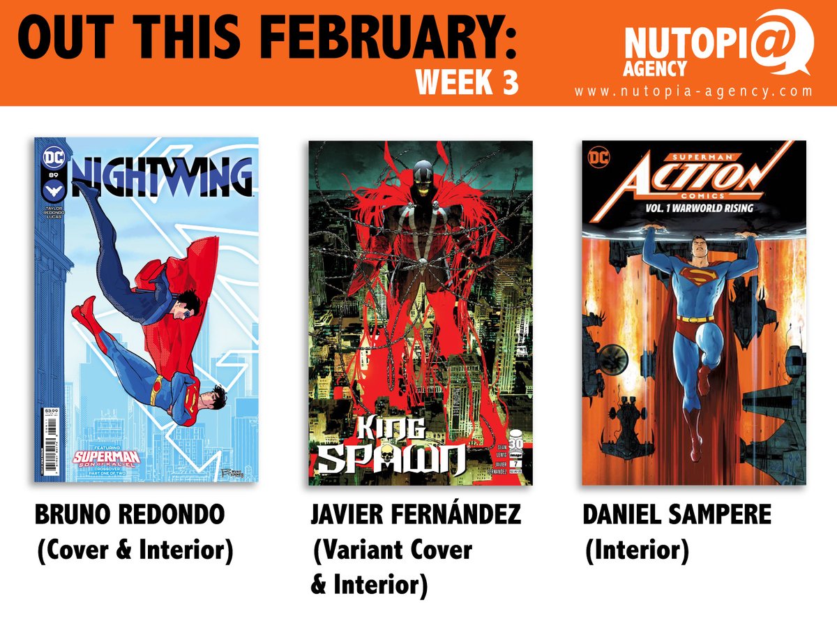 nutopiaagency's tweet photo. OUT THIS FEBRUARY!!! (2) This month has brought us a lot of comics made by our amazing artists. #spiderman #teentitans #superman #batman #Joker #nightwing #actioncomics #vampirella #Spawn #kingspawn #aquamen #greenarrow #rai #dccomics #marvelcomics #imagecomics #valiantcomics https://t.co/3Pc9JmJREV