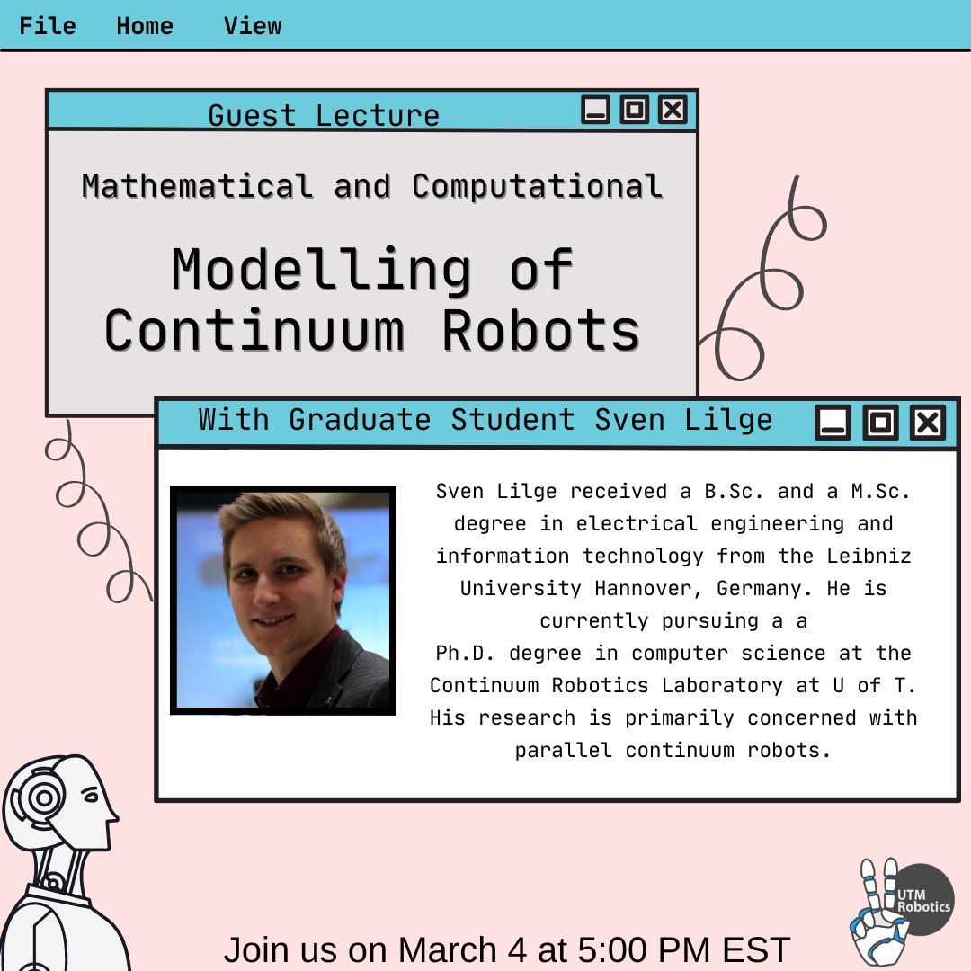 Hey everyone! Join us on March 4th at 5:00pm EST for a guest lecture about the modelling of continuum robots. You don’t want to miss it! Stay tuned for more info! Join our Discord with the link in bio to learn more.