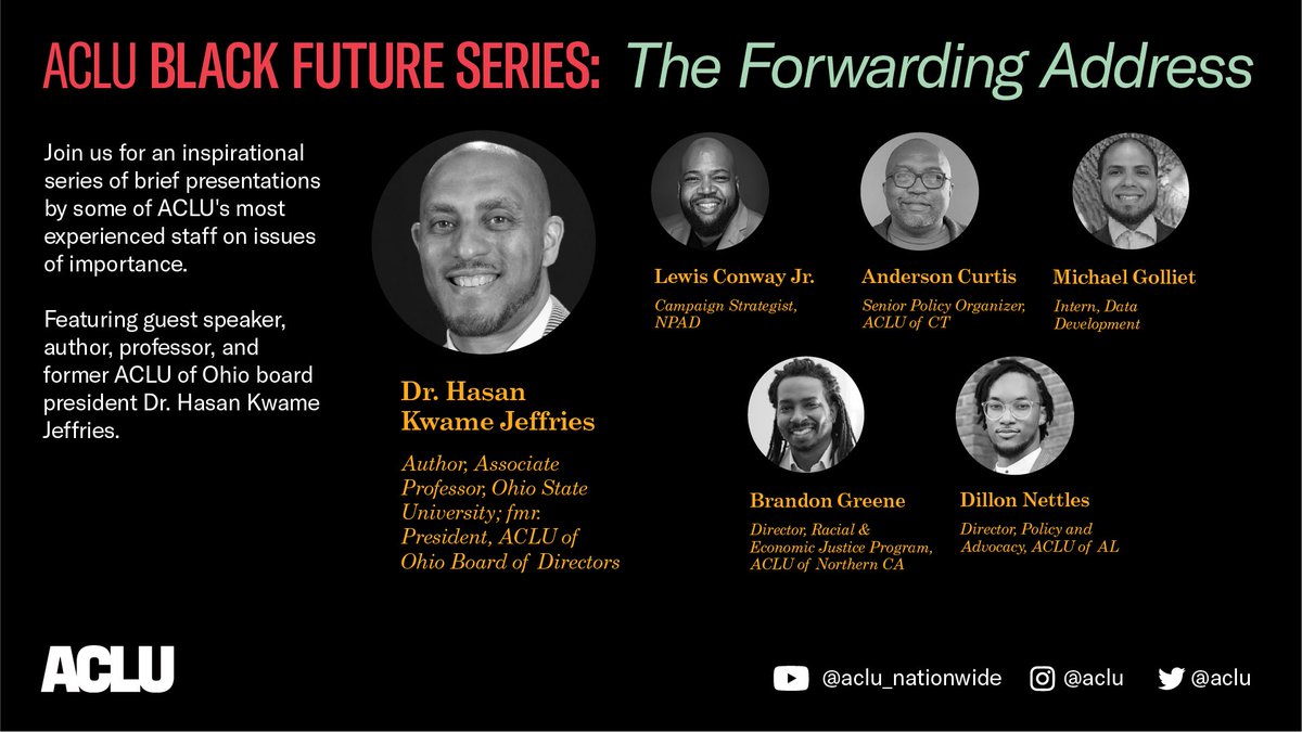 As Democracy faces existential threats, there are people like us that are ready, willing, and able to lead and shoulder the work of saving it. @ACLU’s #BlackFuture: The Forwarding Address with talks by me and other Black staff + board member @ProfJeffries: youtu.be/c9hiX2HkU0I