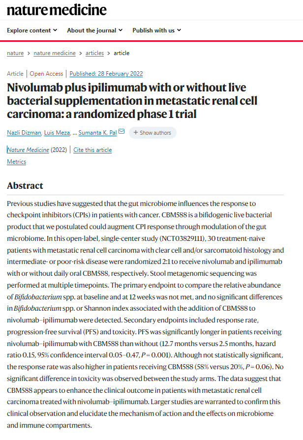 Nazli Dizman (@nazlidizman) on Twitter photo 🥁Thrilled to announce that our paper is out <a href="/NatureMedicine/">Nature Medicine</a>!
We looked at the impact of nivolumab/ipilimumab +/- #CBM588 a bifidogenic live bacterial product, on gut #Microbiome, serum cytokines & clinical outcomes in #mRCC
🙏🙏<a href="/montypal/">Sumanta K. Pal, MD, FASCO</a> <a href="/LuisMezaco/">Luis A. Meza</a> <a href="/PauloBergerot/">Paulo G Bergerot</a> et al.
1/n🧵 🥁Thrilled to announce that our paper is out <a href="/NatureMedicine/">Nature Medicine</a>!
We looked at the impact of nivolumab/ipilimumab +/- #CBM588 a bifidogenic live bacterial product, on gut #Microbiome, serum cytokines & clinical outcomes in #mRCC
🙏🙏<a href="/montypal/">Sumanta K. Pal, MD, FASCO</a> <a href="/LuisMezaco/">Luis A. Meza</a> <a href="/PauloBergerot/">Paulo G Bergerot</a> et al.
1/n🧵
