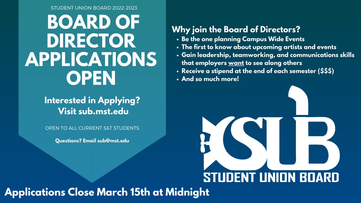 SandTSUB's tweet photo. Looking to get more involved on Campus? Enjoy planning events for all students? Applications for the 2022-2023 Board of Directors are open! Apply at https://t.co/fCLZriXJnq by March 15th. https://t.co/A5QnjXpjPs