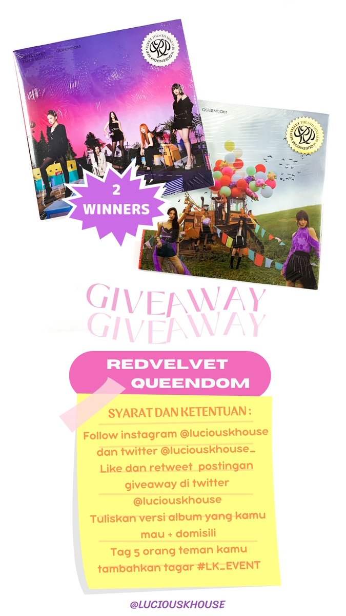 luciouskhouse_'s tweet photo. [📢#LK_EVENT] GIVEAWAY : REDVELVET QUEENDOM ALBUM QUEENS Ver. (Sealed, Purple + Balloon Ver.)

Cara ikutan giveaway tertera diposter ya!

Contoh : Balloon Ver. + Bandung + tag 5 orang teman kamu + #LK_EVENT

Close : 5 Maret, 18:00
Announcement : 6 Maret 2022. https://t.co/39M31agQjJ