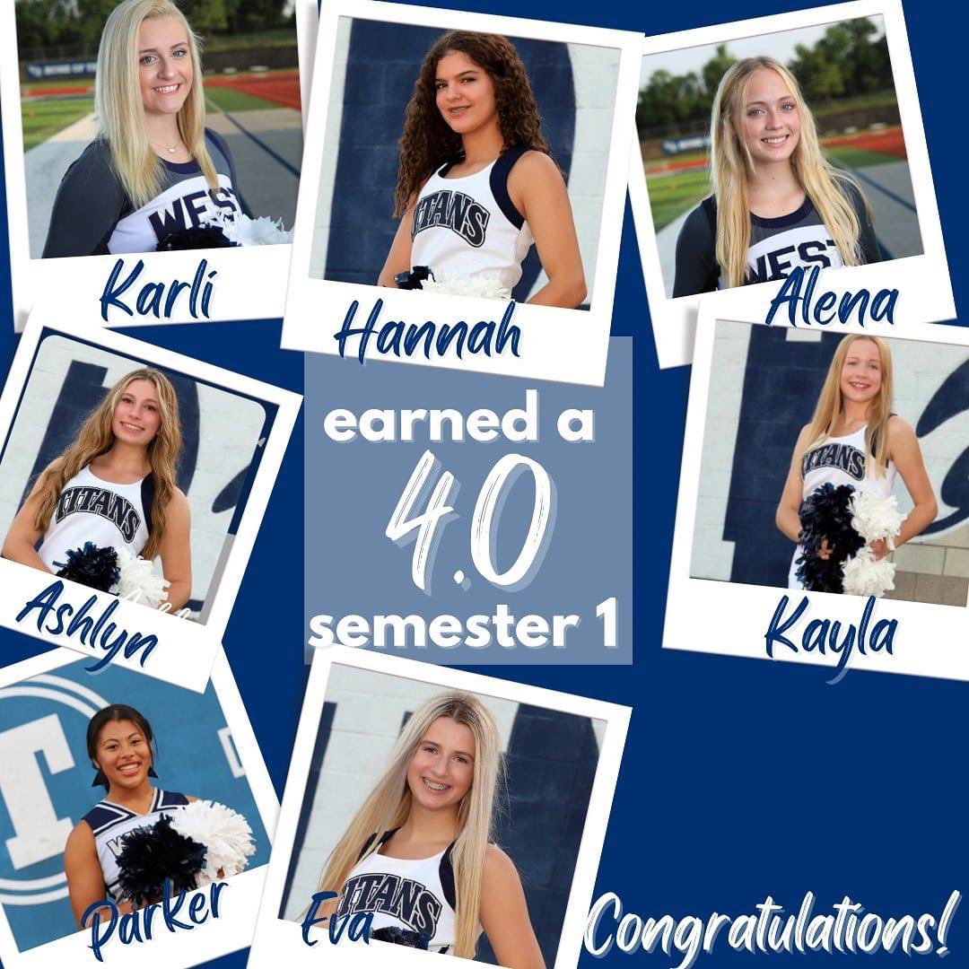 LSWestCheer's tweet image. We are SO p r o u d of our athletes earning a 4.0 GPA for first semester. 🤩 15, yes, 15 girls in our program achieved this accomplishment! Congratulations to you all! Your hard work does not go unnoticed! ✨💙🤍✨@lswhstitans
