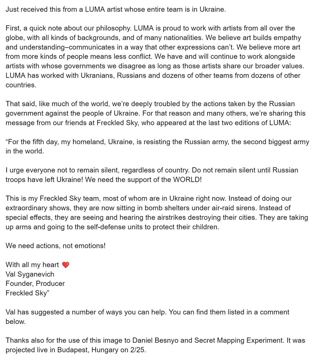 lumafestival's tweet photo. Just received this note from a LUMA artist whose entire team is in Ukraine. https://t.co/5ZdbYcVpMx