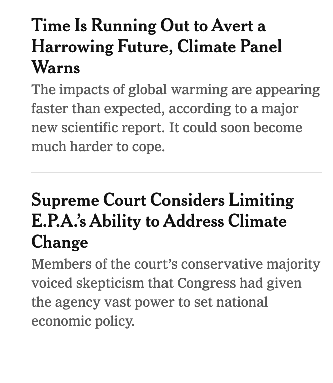 The depressing juxtaposition of today's top two NY Times stories on climate, as they appear online