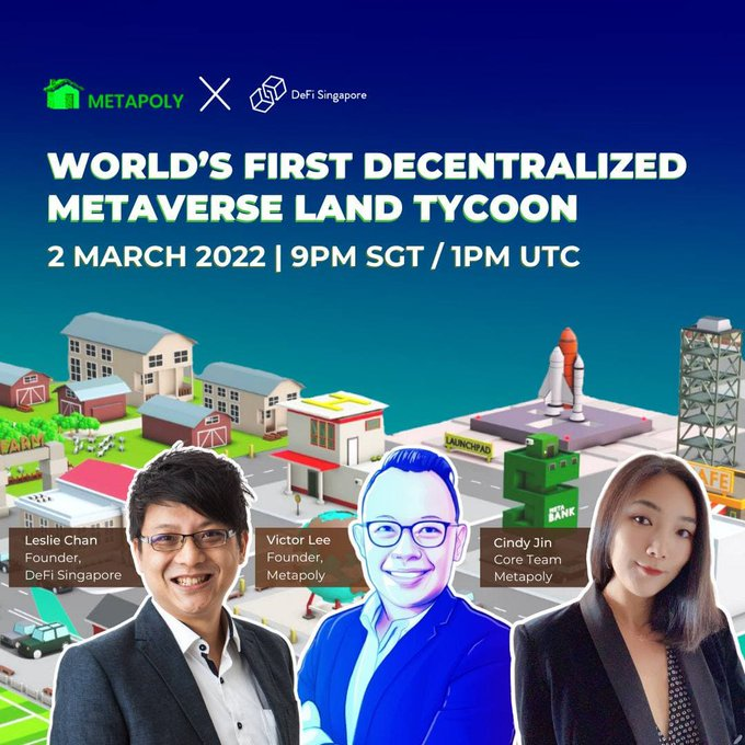 This post for D33Dgens,
Defi Singapore's YT Channel Hosted by <a href="/lesliedanchan/">LeslieDanielChan</a>
Let's talk about Metapoly's DeFi 2.0 movement with <a href="/CindyJinLL/">Cindyjin.eth</a> &amp; <a href="/VictorLeeJW/">VictorLee.eth</a> from @metapolyorg 
🗓️2 March 2022
⏰9PM SGT / 1PM UTC
🔗youtube.com/watch?v=GrP3tK…
See you there!