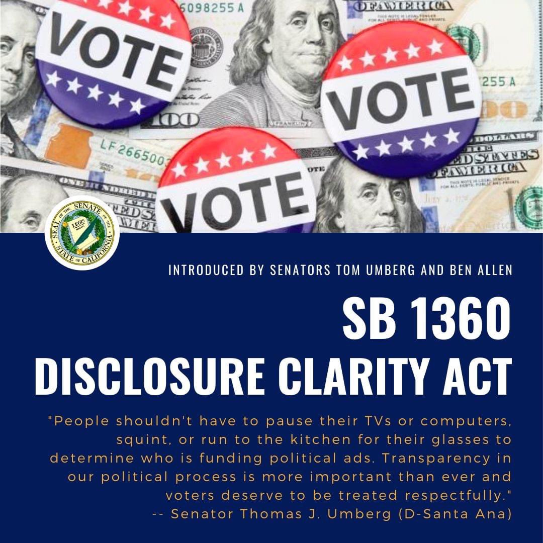 I'm proud to stand with my colleague, Senator @BenAllenCA, and @CleanMoneyCA as we introduce this bill today. Californians deserve to be treated with respect in our elections. #SB1630 #CALeg #DISCLOSEAct #ElectionsTransparency