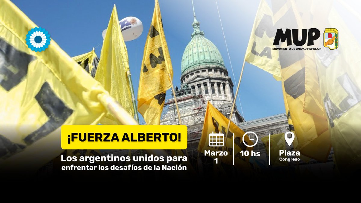 MUPArgentina's tweet photo. Mañana estaremos #presentes en la plaza para acompañar al Presidente @alferdez en el inicio de sesiones del Congreso.

Argentina sale adelante con #todos, y frente a cualquier dilema internacional que deba afrontar la Nación, debemos estar unidos.

#MUPPresente #MUPConTodos https://t.co/mR2oxyo6Nf