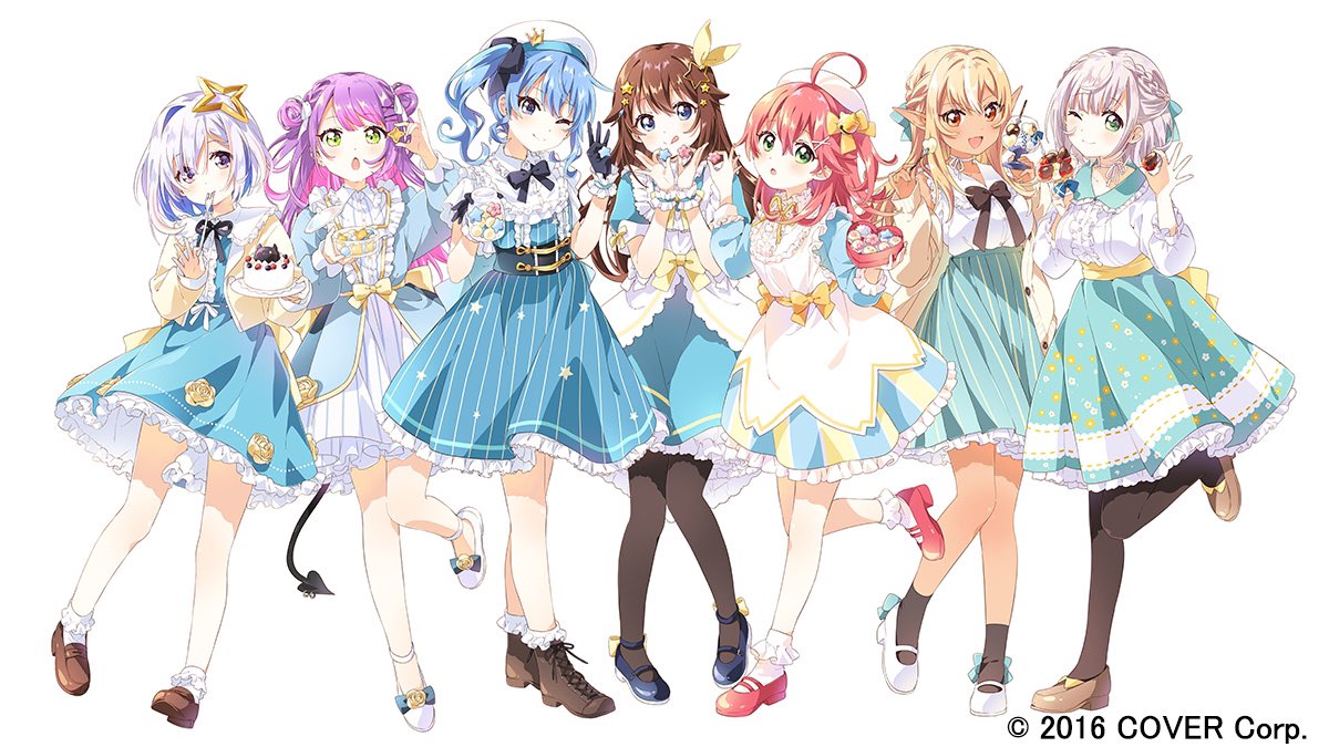 amane kanata ,hoshimachi suisei ,sakura miko ,tokino sora multiple girls green eyes pink hair 6+girls blue hair hair bun pantyhose  illustration images