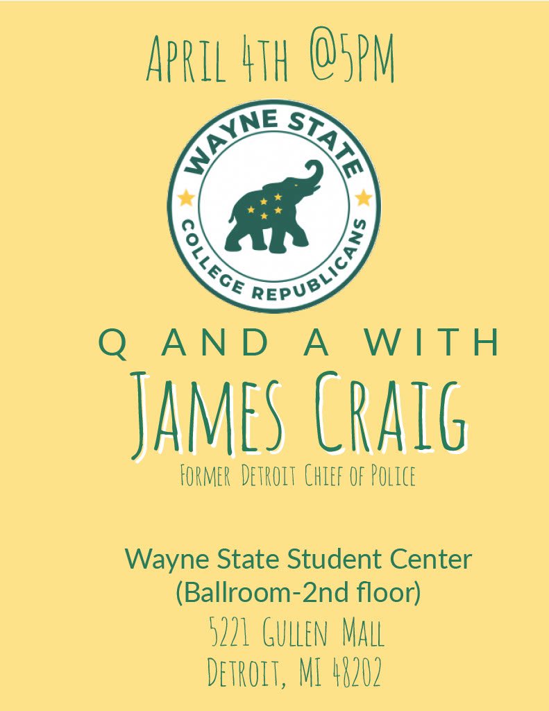 Join us on April 4th <a href="/5pm/">5pm.co.uk</a> in the Student Center Ballroom (2nd floor) to hear James Craig, former Detroit Chief of Police and Gubernatorial candidate, speak about his campaign and time serving in DPD!