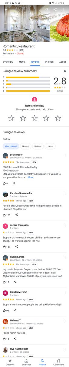 donaldalziel87's tweet photo. People leaving reviews on restaurants in  Moscow and other cities to let Russians know whats going on. 👏🏼 #Ukraine #russia https://t.co/faoLjLe1Pm