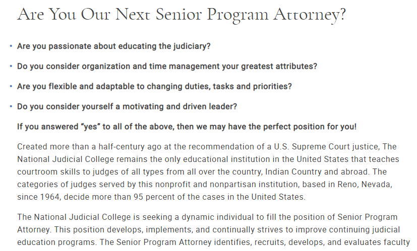 thenjc's tweet photo. We are searching for two program attorneys to help faculty put on our courses. One position is for general courses. The other will focus on our Tribal Center. 
https://t.co/PBGrFKZqaB
https://t.co/VyAe6jVsAK
@benes_aldana 
#thenjc
#abaAJS
#JudicialIndependence https://t.co/g12K4UXuKW