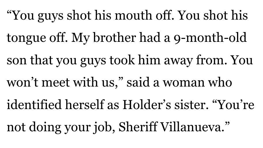 Last Thursday, the family of Frederick Holder confronted Sheriff Alex Villanueva at a "community conversation" in Brentwood. 

The family is currently on day 24 of their 33 day protest, one day for every shot fired at Fred. We must not forget this story. #Justice4Fred