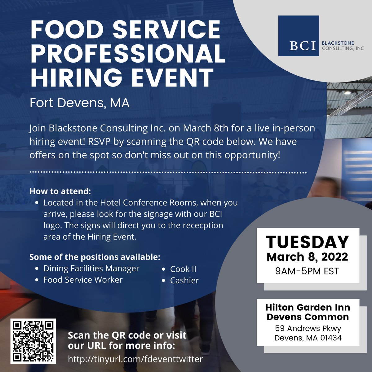 Mark your calendars! On March 8th we're having an in-person hiring event in Fort Devens, MA! Further details and RSVP can be found here at our URL: tinyurl.com/fdeventtwitter See you there! #joinbci #jobalert #jobhiring #hiringevent