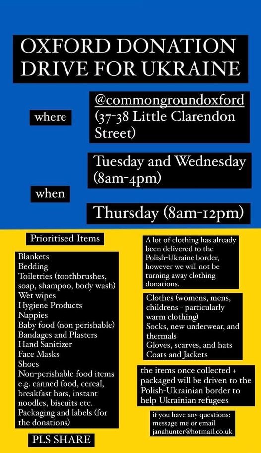 that's for my Oxford friends - if you would like to help Ukrainian refugees, but can't help financially, consider donating some goods instead, see below for what's needed. Donation drive open Tue-Thurs #humanitarianhelp #Ukraine #Oxford