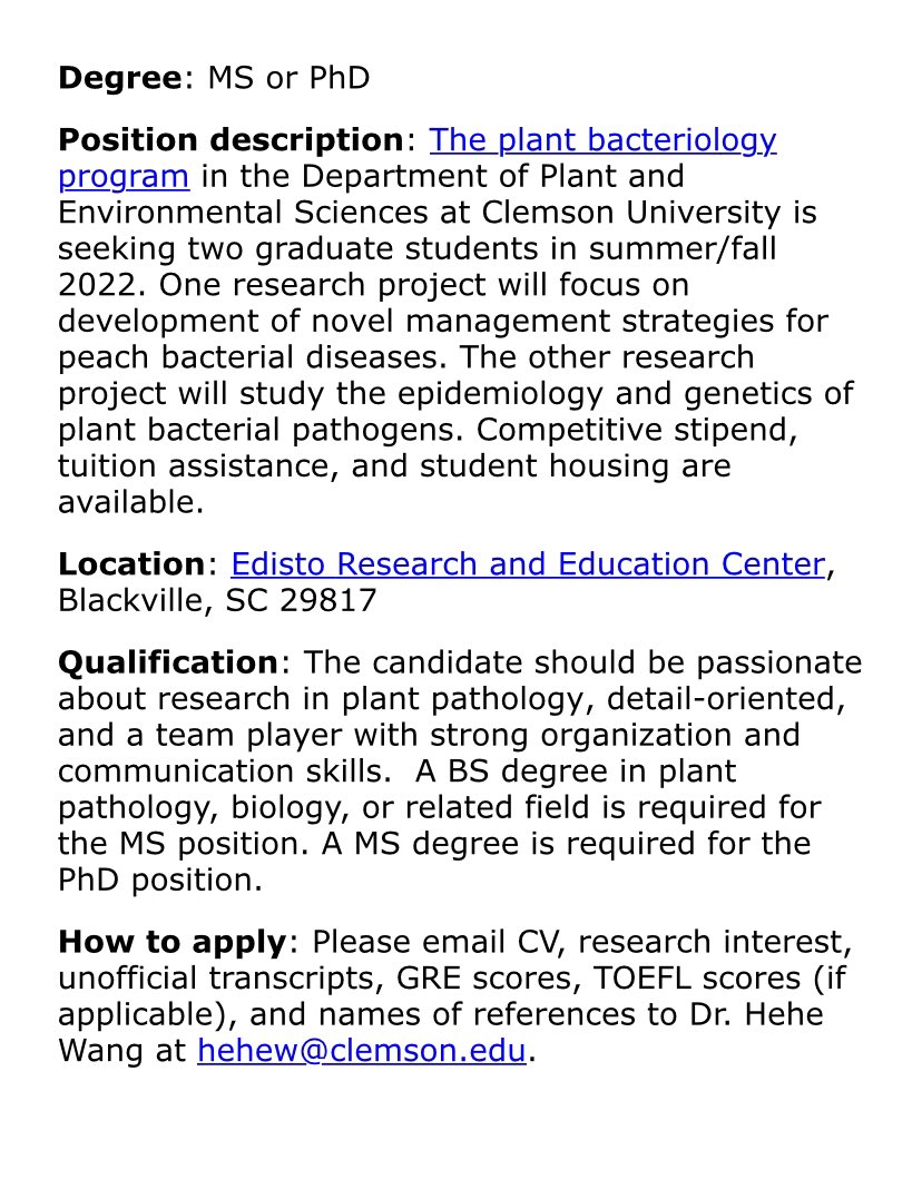 Milan Panth, Ph.D. (@milanpanth) on Twitter photo Our lab is seeking two candidates for MS or PhD. Please do contact Dr. Hehe Wang (hehew@clemson.edu) if you are interested! #PhDposition #Masters #plantpathology #AcademicChatter #Academia #bacteriolgy #position #Clemson #ClemsonUniversity Our lab is seeking two candidates for MS or PhD. Please do contact Dr. Hehe Wang (hehew@clemson.edu) if you are interested! #PhDposition #Masters #plantpathology #AcademicChatter #Academia #bacteriolgy #position #Clemson #ClemsonUniversity