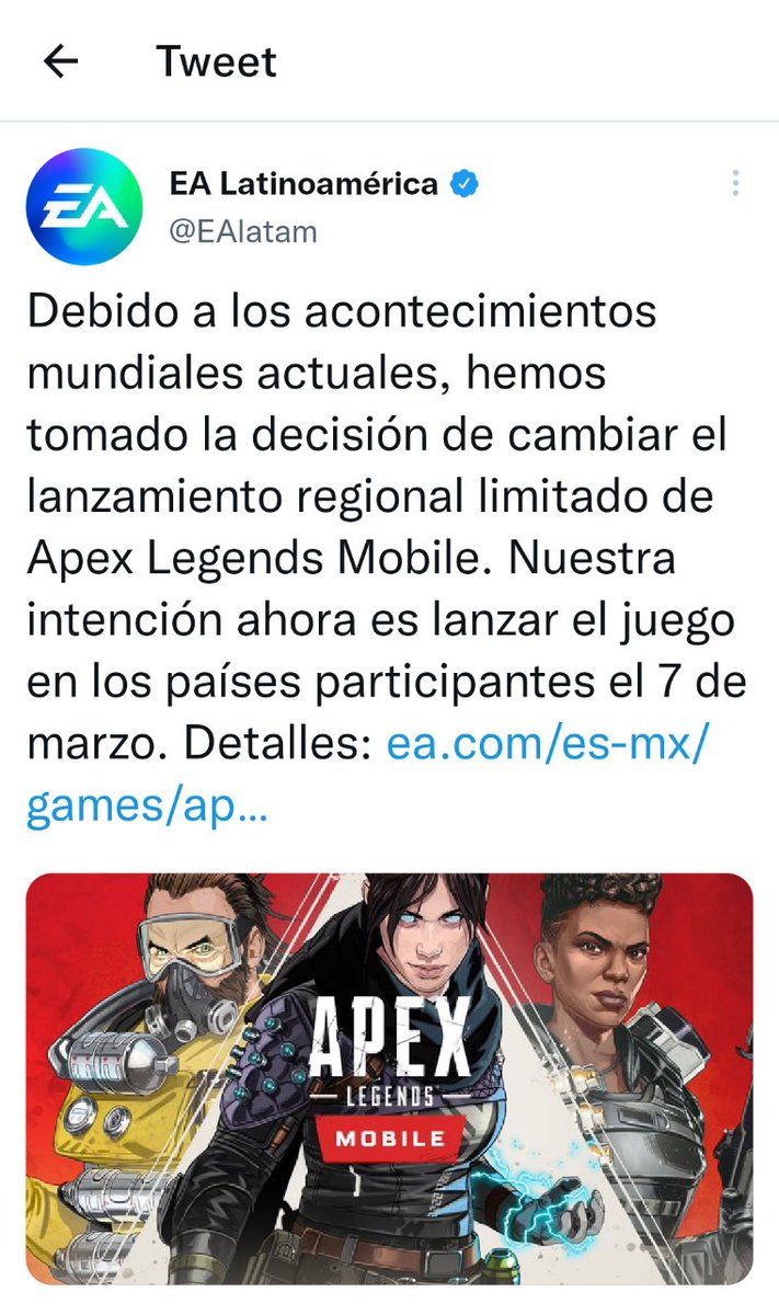Nuevamente lo hizo <a href="/EAlatam/">EA Latinoamérica</a> cero profesional en verdad el poco hype que tenía se me acabó , el mismo apex se está matando  #apexlegendsmobile