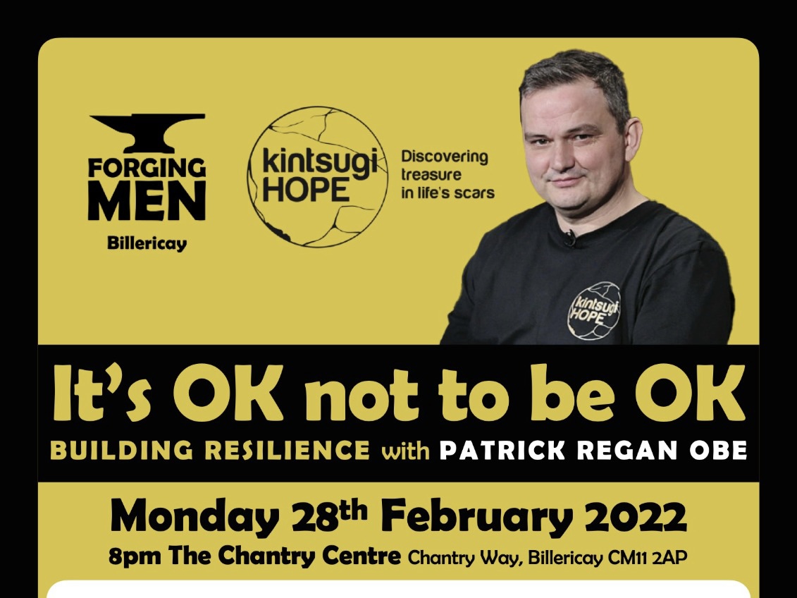 ForgingMen's tweet photo. An excellent talk from @PatrickReganKH of @KintsugiHope at The Chantry Centre in #Billericay this evening. Building Resilience to cope with life's ups & downs. Good to see so many guys out to address this vital topic. Thanks to all the team for making it happen. #ForgingMen https://t.co/QpRILAFfvR