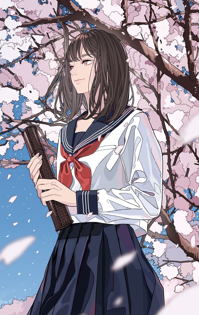 1girl school uniform solo cherry blossoms skirt serafuku red neckerchief  illustration images