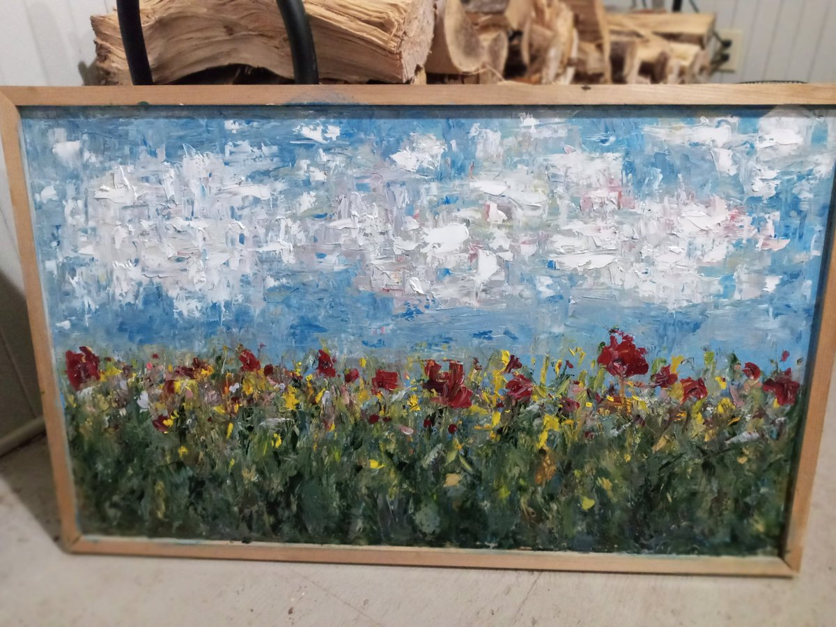 milner_art's tweet photo. A Canadian Veteran's hand made panel and raised wooden border. I added the paint. Will make an empty wall more interesting to look at. Oils on wood panel. Pallet knives. Patrick 🙂🇨🇦🥀 #WeRemember #YouthRemember #LiveForward https://t.co/MS89geLfU6