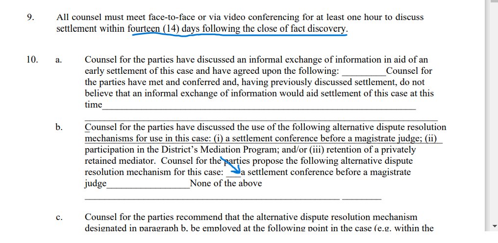 Yes, a one hour settlement discussion happened a couple of months ago. 

It didn't settle which means that the next most likely settlement time would be at mediation (see arrow below) which will be hosted by the one and only JUDGE NETBURN who has seen ALL the documents in camera.
