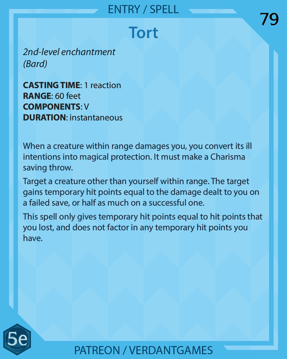 verdantgames5e's tweet photo. Tort, 2nd-level enchantment

You transform a creature's hostile intent into protective energy when it attacks you

Art by @ossocavo

#foregonecompendium #dnd #dnd5e #dndhomebrew #homebrew #dndspells #5espells #patreon #patreoncreator #ttrpg #ttrpgfamily #d20 https://t.co/Hslo2ULx5c