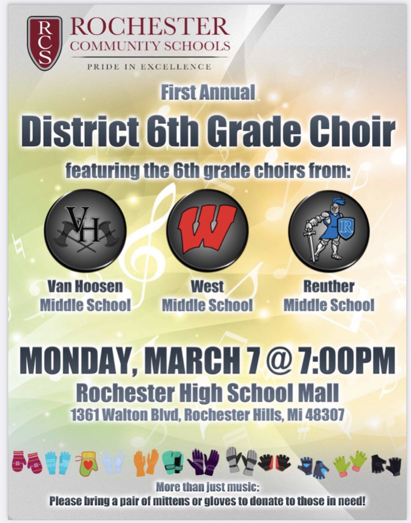 rochesterhscho2's tweet photo. 🎵 Monday March 7: District 6th grade choir concert!
🎵 Reuther, West and Van Hoosen 6th grade choirs perform in the RHS Mall.
🎵 More than just music: Bring a pair of mittens/gloves/ hat to donate to those in need. @ReutherCrusader @WestMS_Warriors @VHMSVikings @rochcommschools https://t.co/7vlfTA1bR3