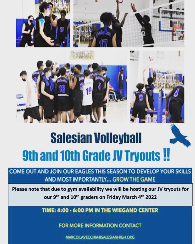Due to gym availability we will be hosting our JV tryouts this Friday from 4-6p come out and join an amazing program here <a href="/SalesianHS/">Salesian High School</a> <a href="/CHSAAVolleyNYC/">CHSAA Boys Volleyball</a> <a href="/IonaPrepVBall/">Iona Prep Volleyball</a>