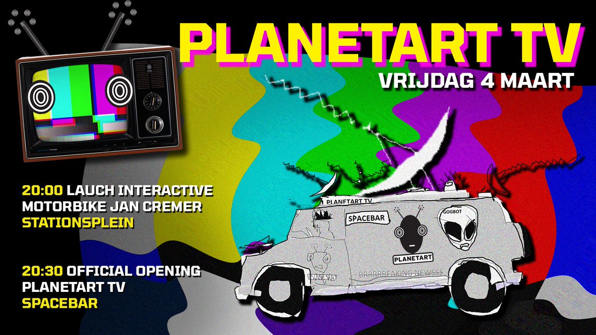PLANETART kondigt vol trots een nieuw hoofdstuk aan in de reis naar werelddominantie: onze hoogsteigenzinnige live TV kunstpropagandashow talkshow!
VOL = VOL. Reserveer een gratis ticket om verzekerd te zijn van toegang tot de SPACEBAR: planetart.stager.nl/web/tickets