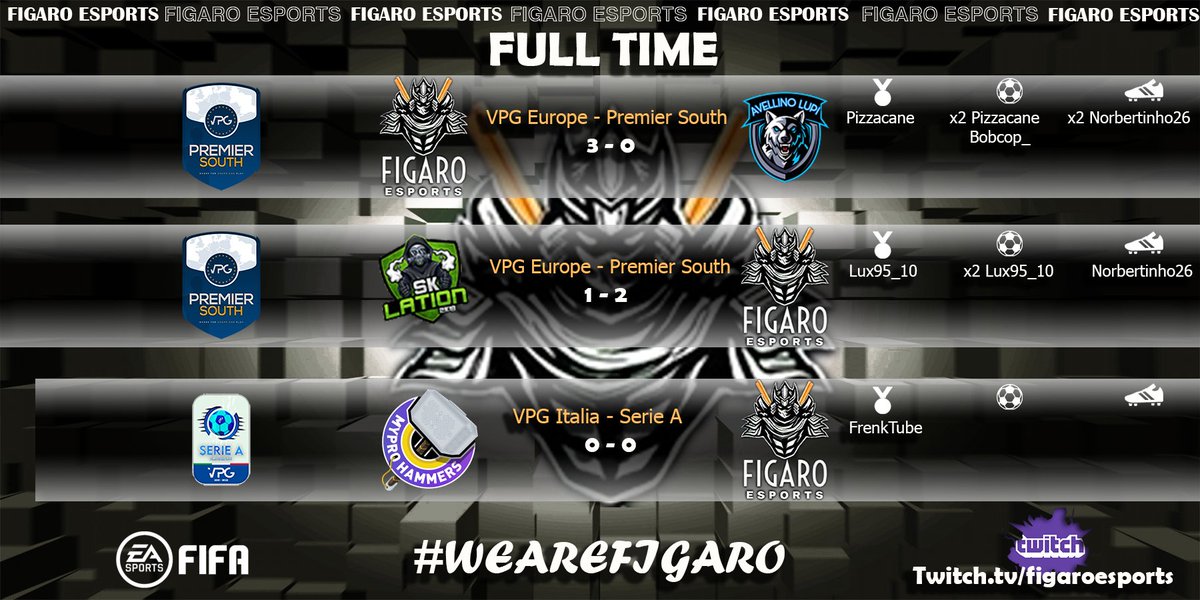 ⚽️ Full-Time ⚽️

🏆 <a href="/VPGEurope/">Virtual Pro Gaming | Europe</a>
🗓️ 20° Premier South
🆚 <a href="/avellinofc/">FC AVELLINO LUPI</a> ✅

🏆 <a href="/VPGEurope/">Virtual Pro Gaming | Europe</a>
🗓️ 21° Premier South
🆚 #SKlation ✅

🏆 <a href="/VPG_Italy/">VPG Italy</a> 
🗓️ 12° Serie A
🆚 @MyProHammers ⭕️

#WeAreFigaro⚫️🟠⚪️
