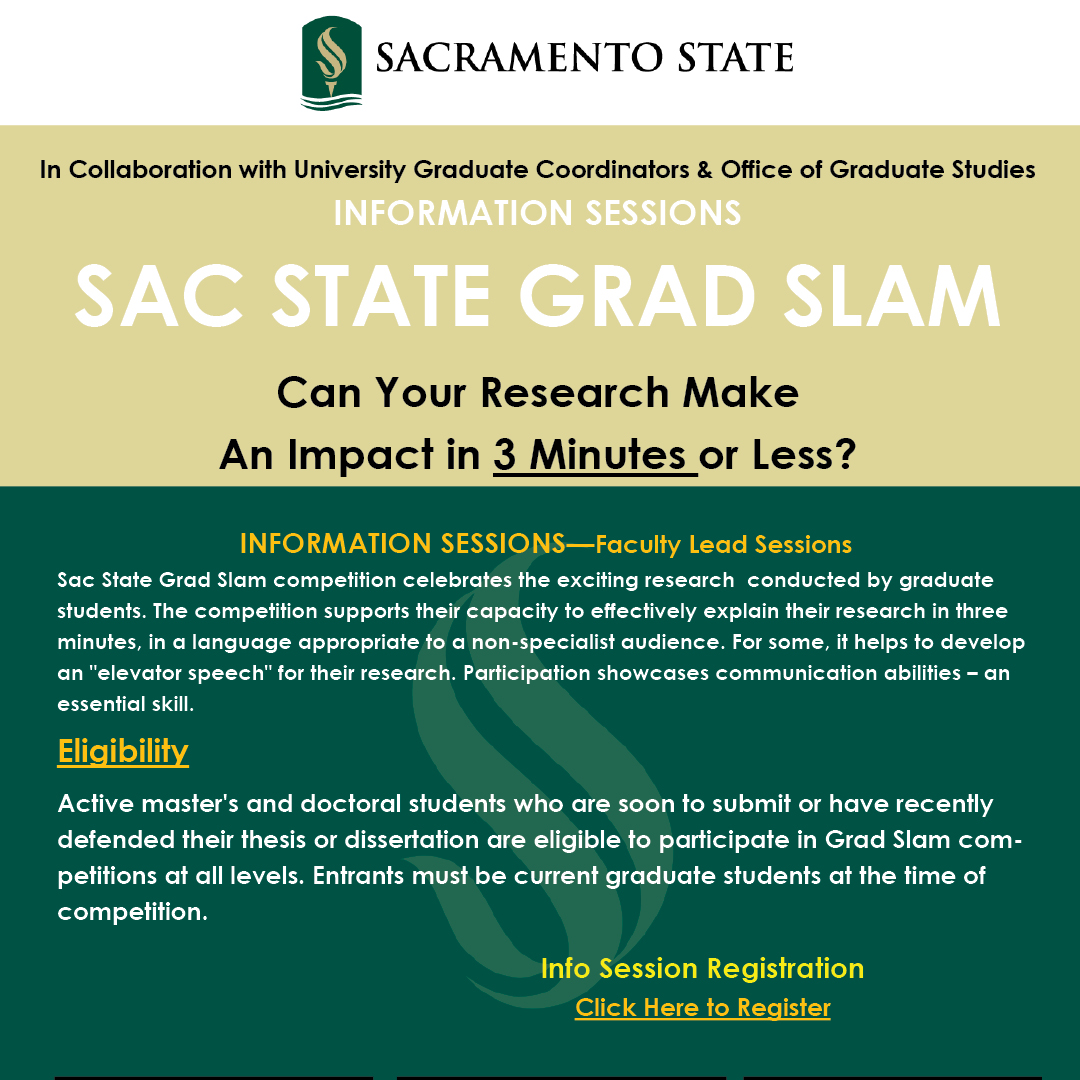 SacStateEDD's tweet photo. Join the Information Session March 1, 11:30a–12:30p
Find out about how you can be apart of the Sac State Grad Slam, a three-minute TED talk style research competition.
Join Session » https://t.co/bsBl6gorCE https://t.co/H0pPMMRhNj
